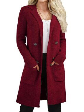 Women's Burgundy Long Knit Cardigan Coatigan Open Front Lapel Pocket Sweater